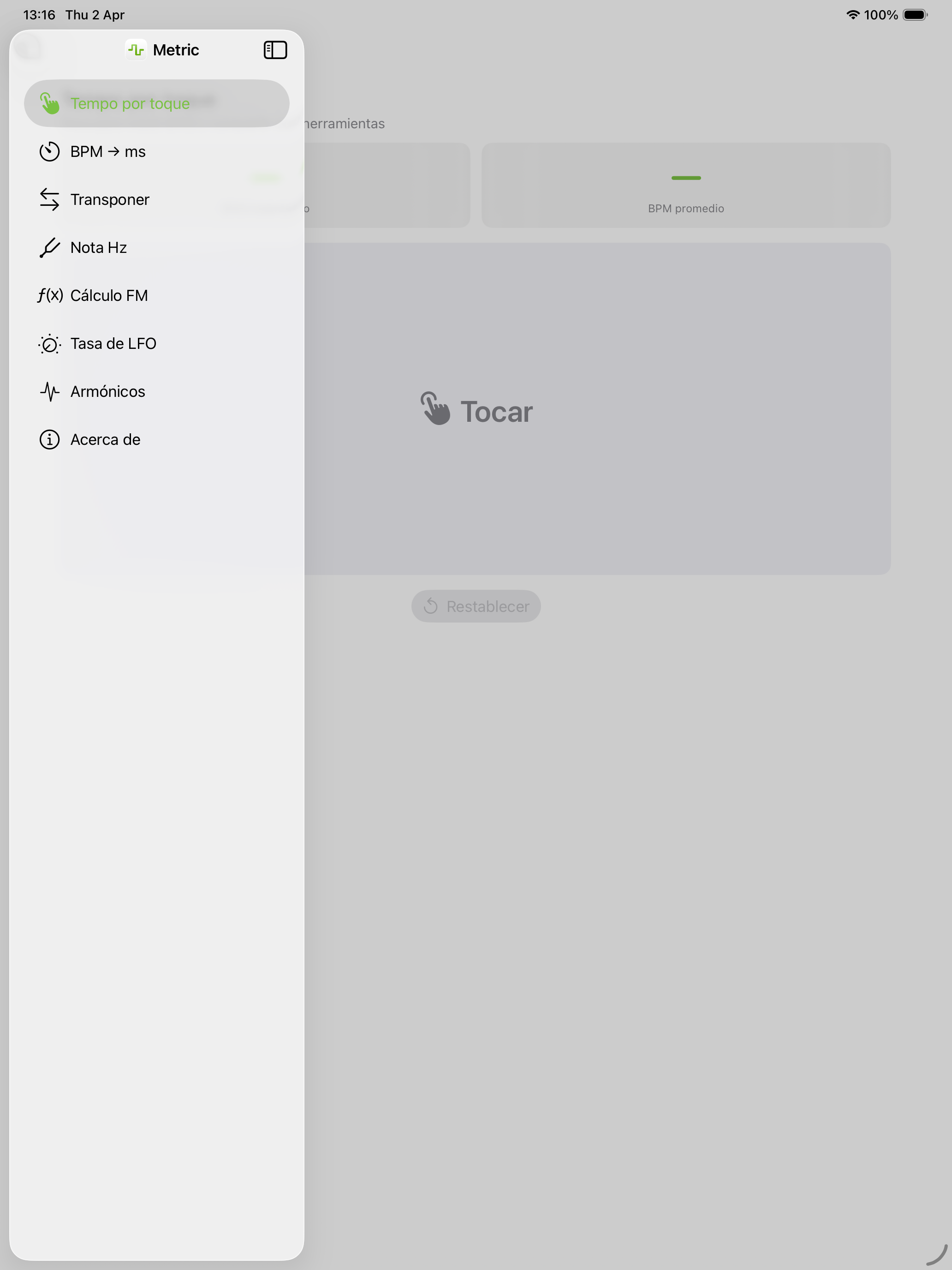 Tap-tempo con barra lateral en iPad en vertical